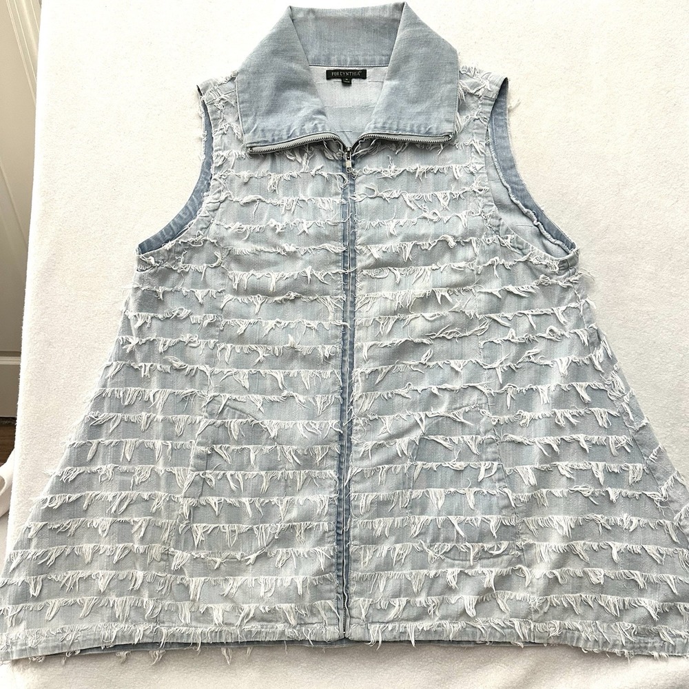 For Cynthia Medium M Denim Fringe Zip Front Vest Eyelash Shag Boho Western Funky